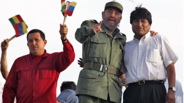 Hugo Chávez, Fidel Castro y Evo Morales.