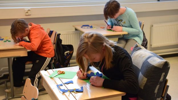 Children in art lessons at Hauho Comprehensive School, Finland