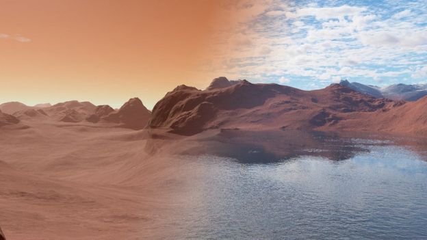 Superfície de Marte como é hoje e como era quando havia água