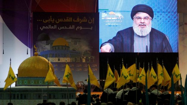 El líder de Hezbolá, Hassan Nasrallah, se dirige a sus adeptos en Beirut, Líbano. 23 de junio de 2017