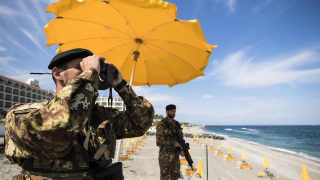 Italian soldiers on beach at Giardini Naxos - 25 May