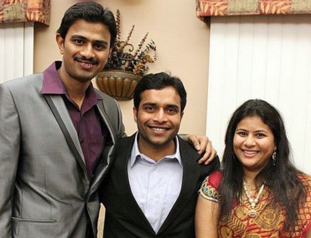 Srinivas Kuchibhotla, left, poses for photo with Alok Madasani and his wife Sunayana Dumala in Cedar Rapids, Iowa.