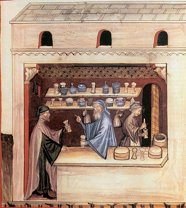 Una farmacia italiana del siglo XIV en la que un farmaceuta dispensa triaca, en ese entonces hecha con 100 ingredientes.