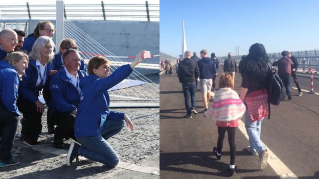 Nicola Sturgeon takes a selfie on the bridge while walkers embark on their historic walk