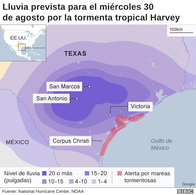 Lluvia prevista el miércoles 30 de agosto por la tormenta Havey en EE.UU.
