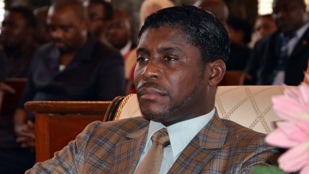 File photo taken on 25 June 2013 shows Teodoro (aka Teodorin) Nguema Obiang, son of Equatorial Guinea president, in Malabo Cathedral