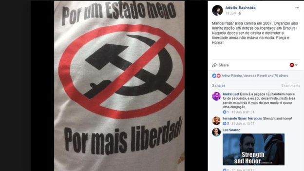Post do Facebook de Adolfo em 18 de julho de 2017, no qual mostra estampa da camiseta que comprou com um sinal de proibido na foice e no martelo, símbolos do comunismo
