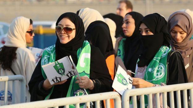 Female Saudi supporters of Al-Ahli queue at an entrance for families and women at the King Abdullah Sports City in Jeddah on January 12, 2018,