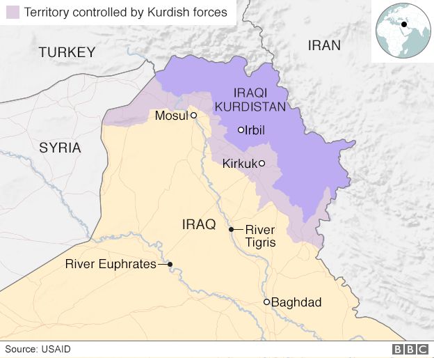 Map showing Iraqi Kurdistan and areas controlled by Kurdish forces