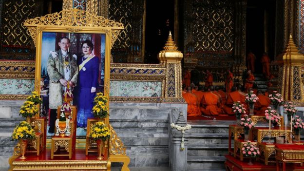 Buddhist monks attend a ceremony at the Grand Palace to commemorate Thailand
