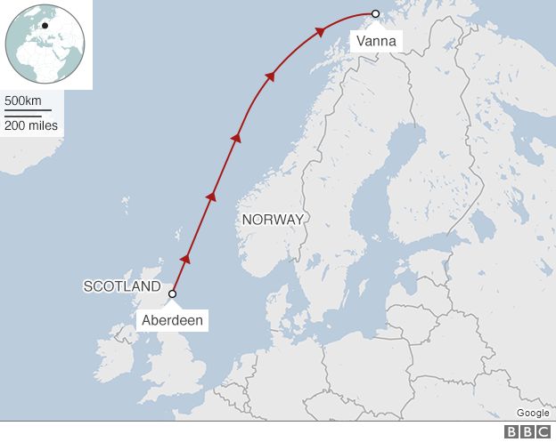 Map showing the path by sea from Aberdeen to Vanna