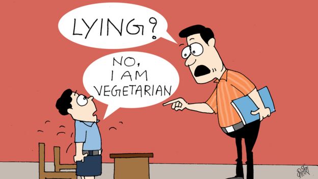 Cartoon: Teacher asks 'lying?', student says,