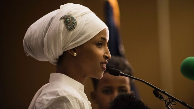 Ilhan Omar gives an acceptance speech on election night, November 8, 2016 in Minneapolis, Minnesota.