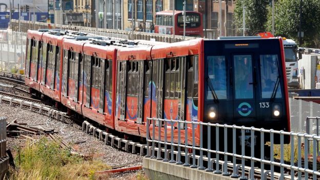 A DLR train in Beckton, London