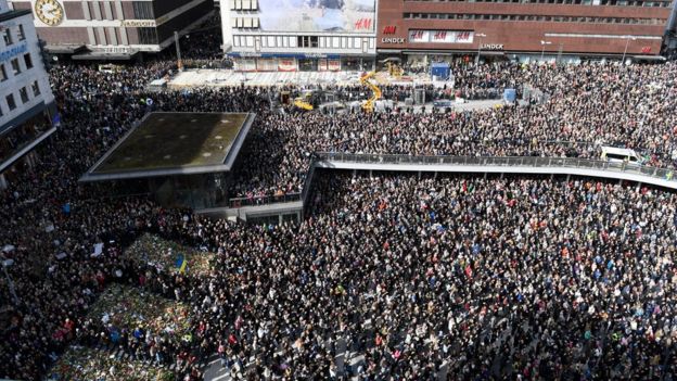 A large crowd gathered at Sergels Torg, central Stockholm