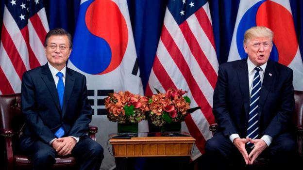 South Korea's President Moon Jae-in and US President Donald Trump wait for a meeting at the Palace Hotel during the 72nd United Nations General Assembly on 21 September 2017 in New York City.