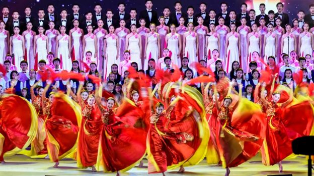 Dancers perform at the Grand Variety Show during a visit by Chinese President Xi Jinping, 30 June 2017