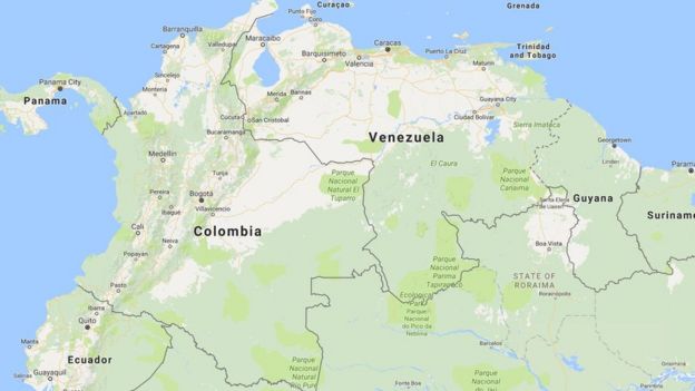Mapa que muestra la ubicaci�_n de Venezuela y Colombia.