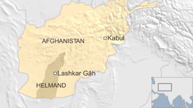 A map of Afghanistan showing Lashkar Gah in Helmand Province, in relation to the capital, Kabul