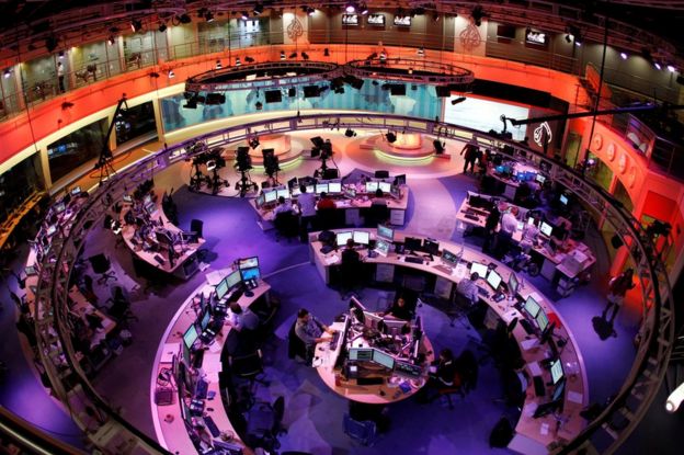 The newsroom at the headquarters of the Qatar-based Al Jazeera English-language channel in Doha, 7 February