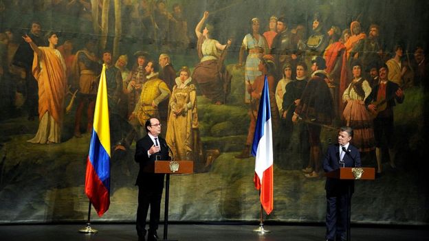 François Hollande y José Manuel Santos en Colombia