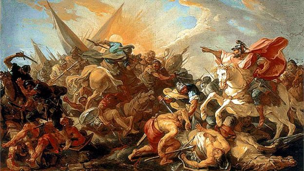 Josué ordenándole al Sol que se quede quieto. Del pintor Joseph Marie Vien, circa 1743-1744.