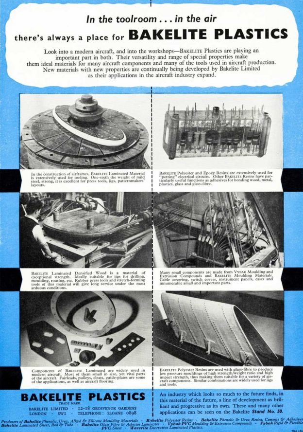 Un annuncio per le materie plastiche di Bakelite in una rivista commerciale dell'industria aeronautica intorno al 1955