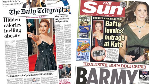 Composite of Daily Telegraph and Sun front pages
