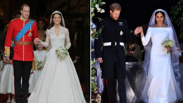 The Duke and Duchess of Cambridge on their wedding day (l) alongside Prince Harry and Meghan Markle (r)