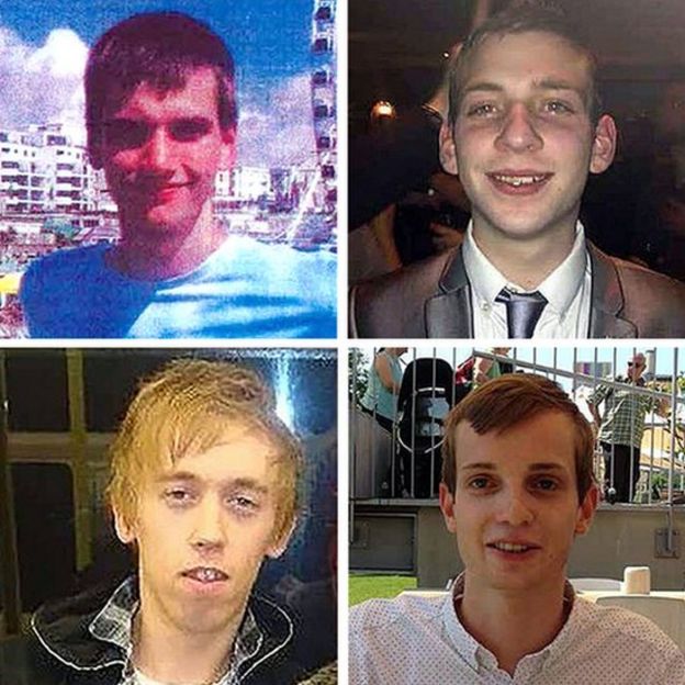 Las cuatro víctimas de Stephen Port. (De izq. a der. y de arriba a abajo) Daniel Whitworth, 21 años, Jack Taylor, 25 años, Anthony Walgate, 23 años, y Gabriel Kovari, 22 años