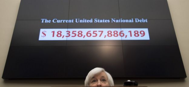 A graphic shows the rising current US national debt as Federal Reserve Chair Janet Yellen testifies before the House Financial Services Committee on Capitol Hill in Washington, DC, November 4, 2015