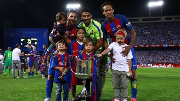 Neymar with Lionel Messi and Luis Suarez after the Copa del Rey final