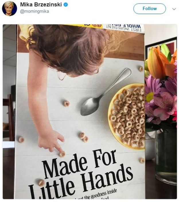 Mika Brzezinski tweets a Cheerios advert showing a small child's hand with the words: 