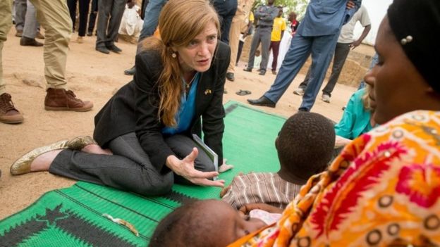 Samantha Power meets with a woman and her children who fled to Mokolo, Cameroon, Monday, April 18, 2016, to escape Boko Haram