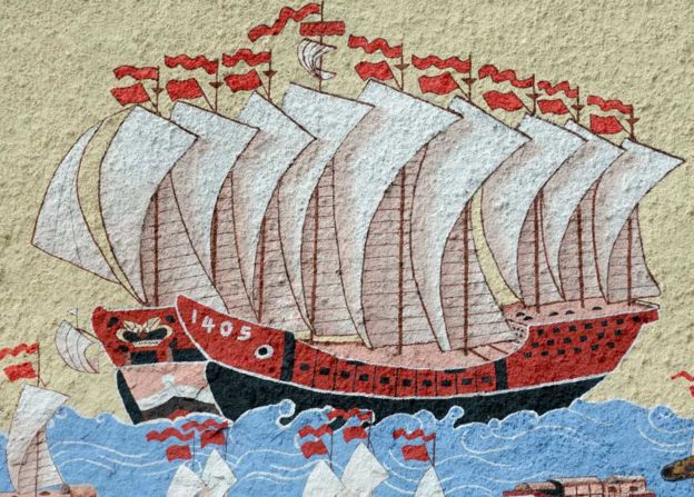 A painting of one of Admiral Zheng He's ships on the wall of the Chinese Temple Shrine Penang, Malaysia