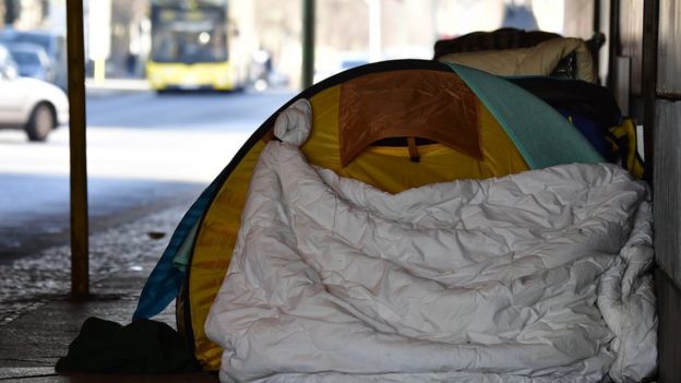 A tent at a makeshift homeless encampment under a bridge in Berlin's Tiergarten district. March 1, 2018