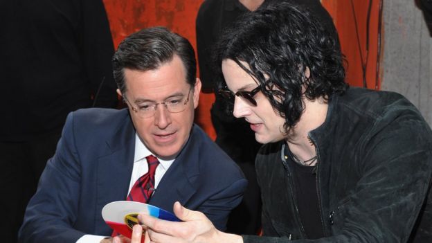 Jack White (r) and Stephen Colbert