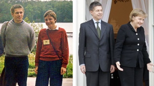 Angela Merkel y su esposo Joachim Sauer in 1989 y en 2007
