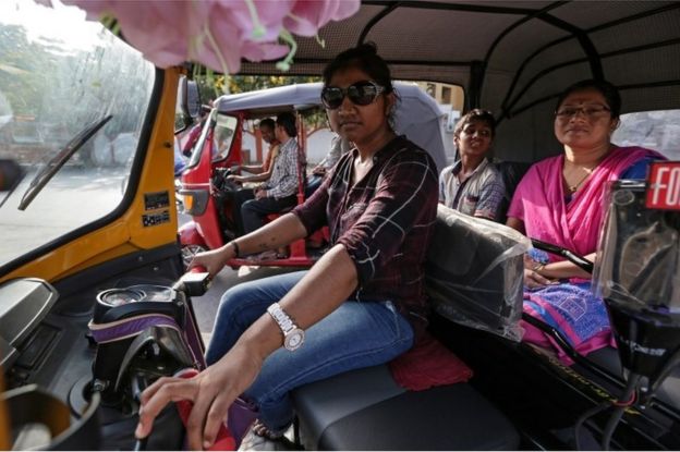 Indian woman auto rickshaw driver Rajani Jadhav pose for photographs during her training session of rickshaw driving in Mumbai, India, 14 April 2017.