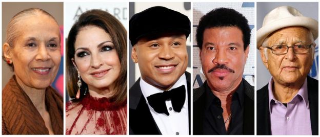 From left, Carmen de Lavallade, singer Gloria Estefan, hip-hop artist LL COOL J, Lionel Richie and TV producer Norman Lear