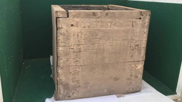 Photograph published by the Egyptian ministry of antiquities showing a wooden box found inside a burial chamber at the Dahshur royal necropolis, south of Cairo (10 April 2017)