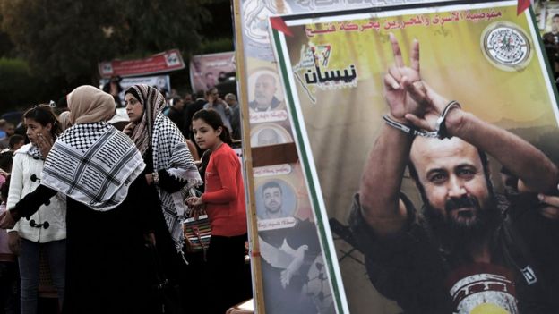 Poster showing Marwan Barghouti at a protest in Gaza City (30 April 2017)