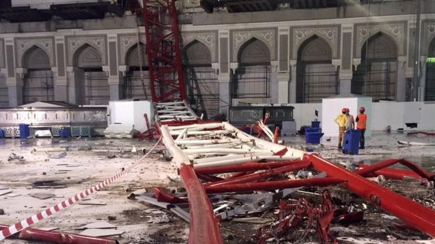 Collapsed crane in Grand Mosque, Mecca, on 11 September 2015