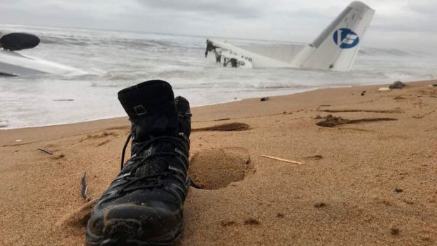 A boot on the beach near the plane's wreckage in the sea off Abidjan, Ivory Coast, 14 October