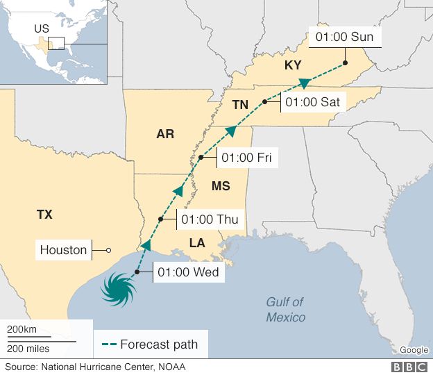 Projected path of tropical storm Harvey - 29 August 2017