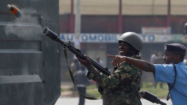 Anti-riot police fire tear gas to disperse opposition supporters of Kenyan in Nairobi, Kenya on 17 November 2017