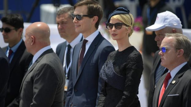 White House senior advisor Jared Kushner (C) and Ivanka Trump (2R), the daughter of US President take part in a welcome ceremony upon the US President's arrival at Ben Gurion International Airport in Tel Aviv on May 22, 2017, as part of his first trip overseas.