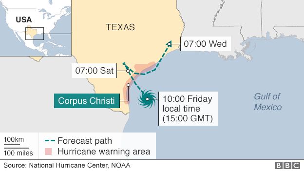 Projected path of Hurricane Harvey - 25 August 2017
