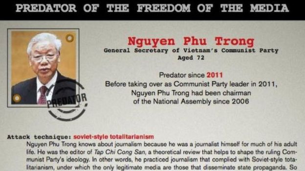 Năm 2016 Tổ chức Phóng viên Không Biên Giới (RSF) đưa Tổng bí thư Nguyễn Phú Trọng vào danh sách 