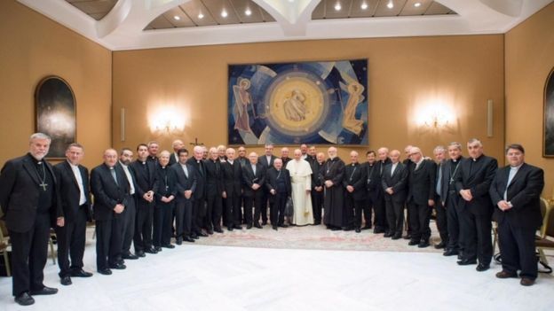 Pope Francis during a meeting with bishops from Chile on May 17, 2018 at the Vatican